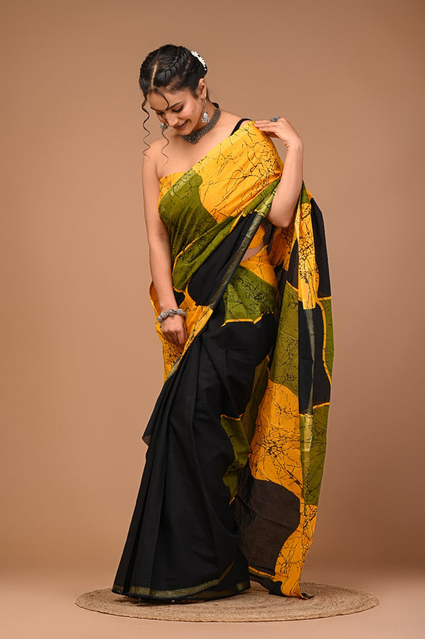 Yellow Olive Green & Black Abstract Batik Print Cotton Saree