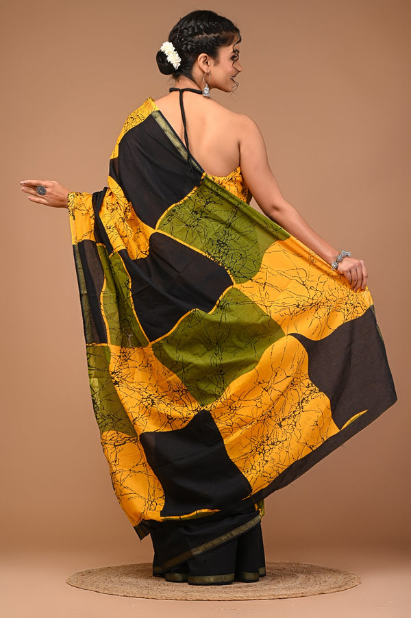 Yellow Olive Green & Black Abstract Batik Print Cotton Saree