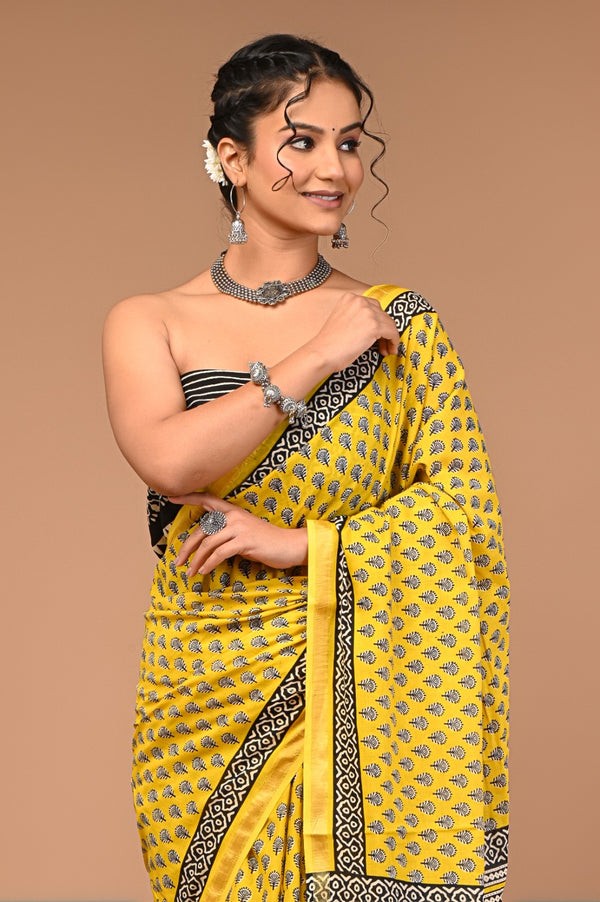 Sunlit Yellow Cotton Saree with Black Hand Block Floral Motifs