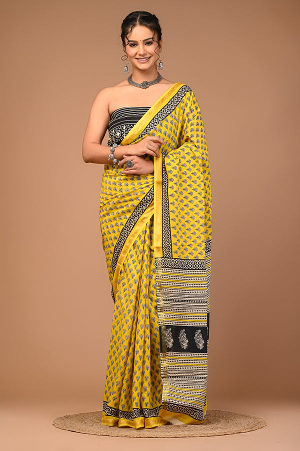 Sunlit Yellow Cotton Saree with Black Hand Block Floral Motifs