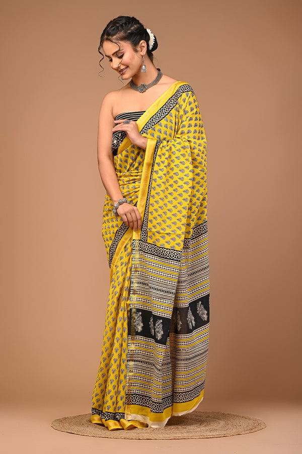 Sunlit Yellow Cotton Saree with Black Hand Block Floral Motifs