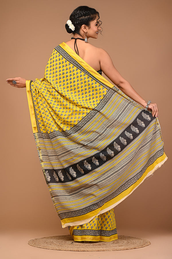 Sunlit Yellow Cotton Saree with Black Hand Block Floral Motifs