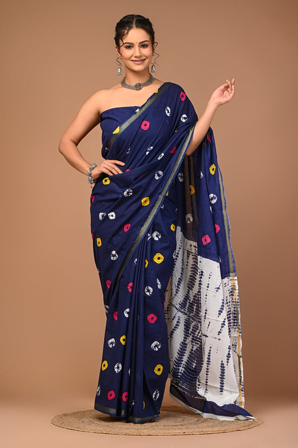 Navy Blue Cotton Saree with Multicolor Dot & Shibori-Inspired Pallu
