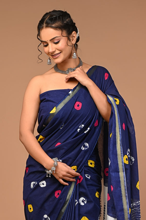 Navy Blue Cotton Saree with Multicolor Dot & Shibori-Inspired Pallu