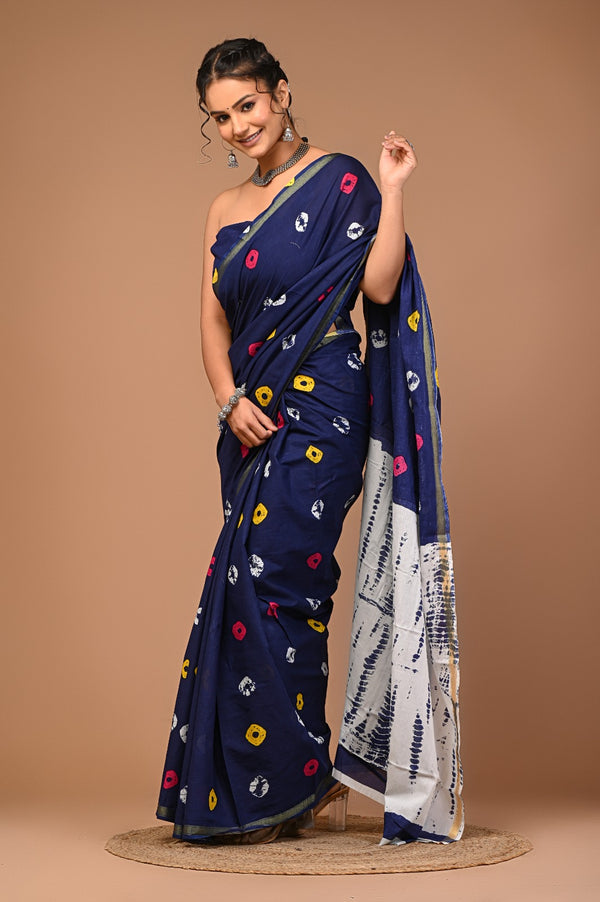 Navy Blue Cotton Saree with Multicolor Dot & Shibori-Inspired Pallu