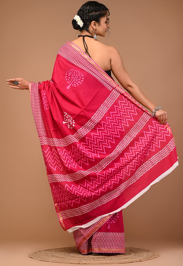 Magenta Pink Pure Cotton Saree with Bold Geometric Print