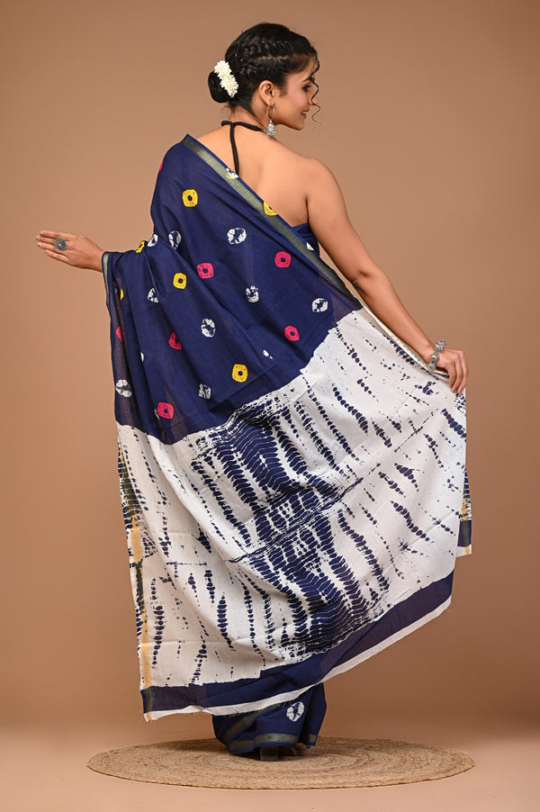 Navy Blue Cotton Saree with Multicolor Dot & Shibori-Inspired Pallu