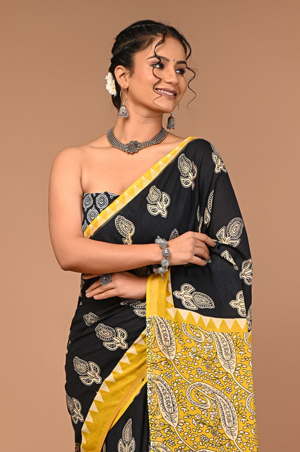 Black Cotton Saree with Yellow Border & Bold Paisley Print