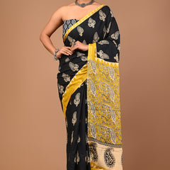 Black Cotton Saree with Yellow Border & Bold Paisley Print