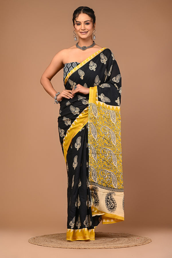 Black Cotton Saree with Yellow Border & Bold Paisley Print