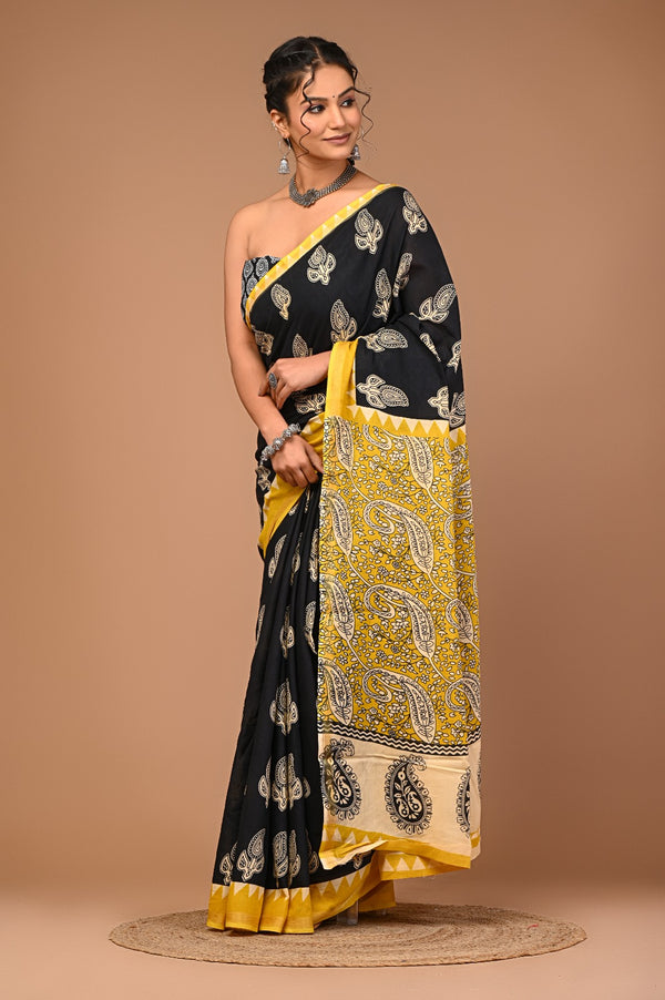 Black Cotton Saree with Yellow Border & Bold Paisley Print