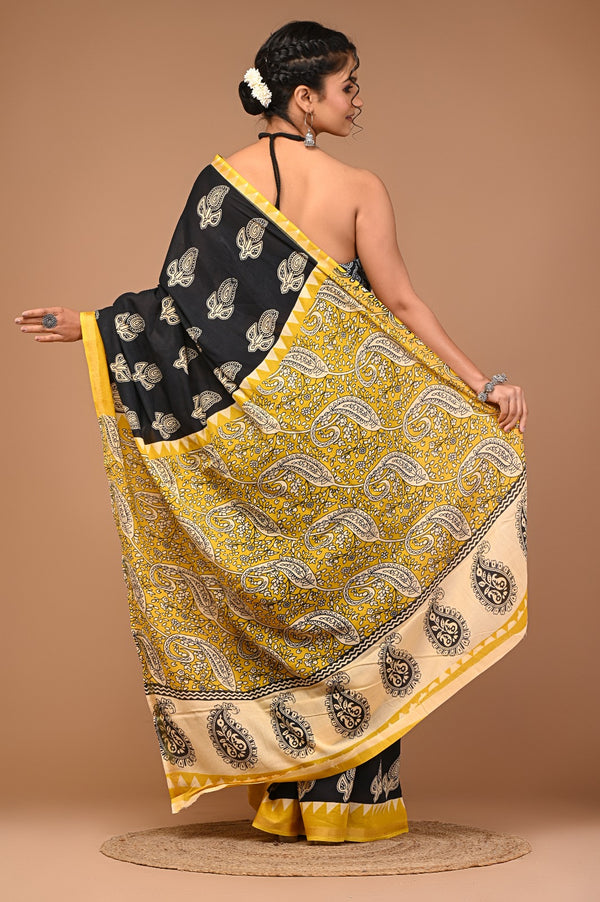 Black Cotton Saree with Yellow Border & Bold Paisley Print