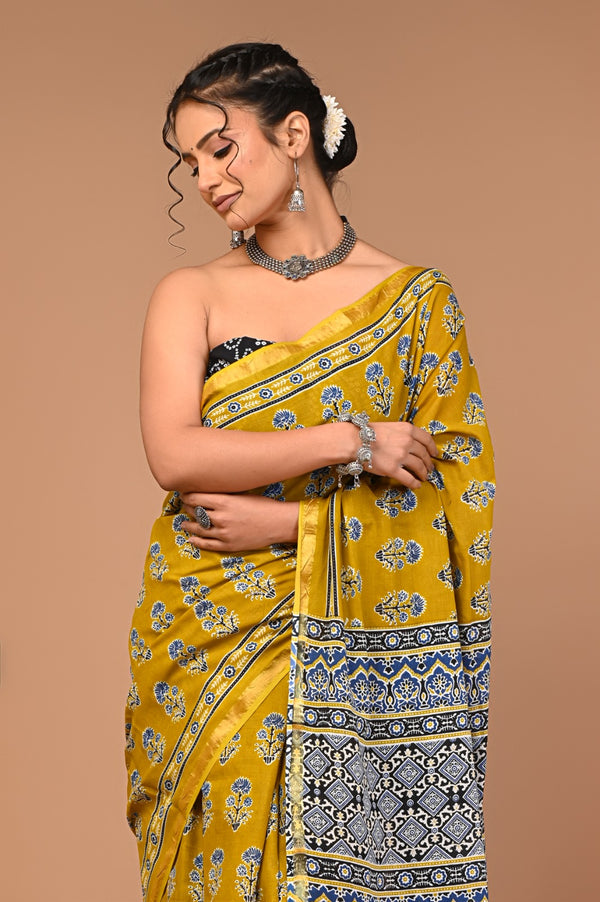 Mustard Yellow Cotton Saree with Blue Floral Motifs & Ajrakh-Inspired Pallu