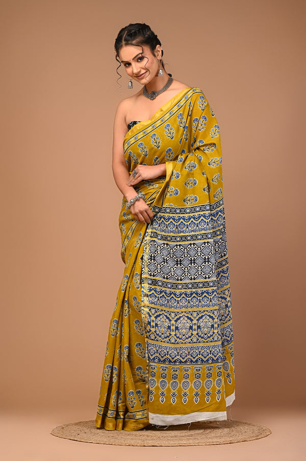 Mustard Yellow Cotton Saree with Blue Floral Motifs & Ajrakh-Inspired Pallu