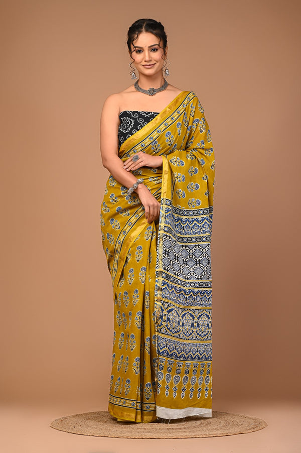 Mustard Yellow Cotton Saree with Blue Floral Motifs & Ajrakh-Inspired Pallu