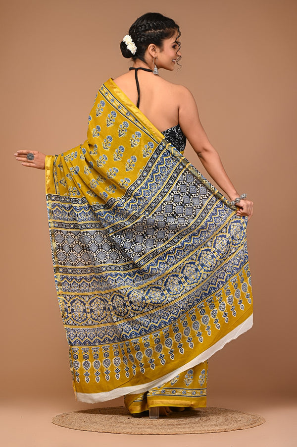 Mustard Yellow Cotton Saree with Blue Floral Motifs & Ajrakh-Inspired Pallu
