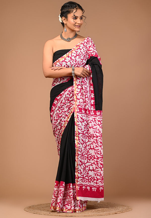 Elegant Black & White Cotton Saree with Red Floral Print