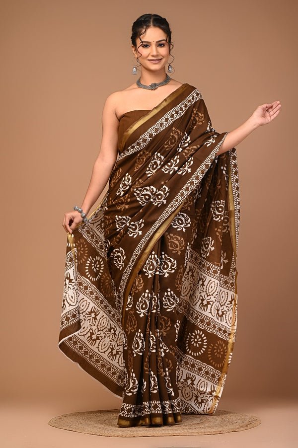 Classic Brown Cotton Saree with Traditional White Block Print