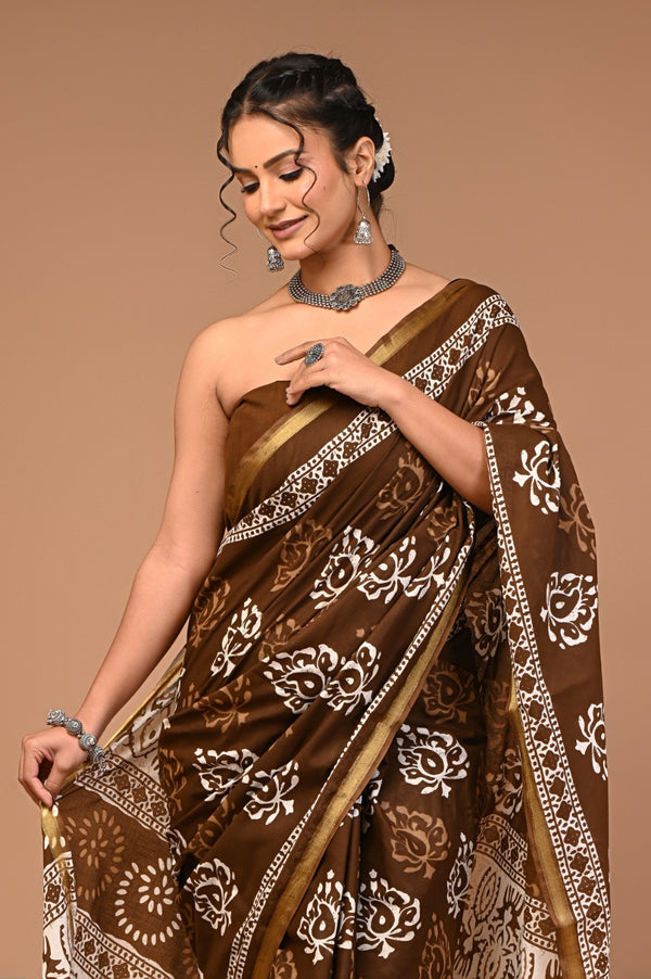 Classic Brown Cotton Saree with Traditional White Block Print