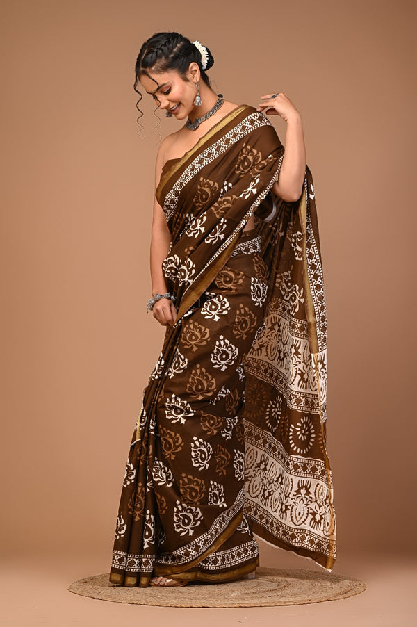 Classic Brown Cotton Saree with Traditional White Block Print