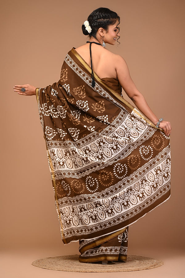 Classic Brown Cotton Saree with Traditional White Block Print