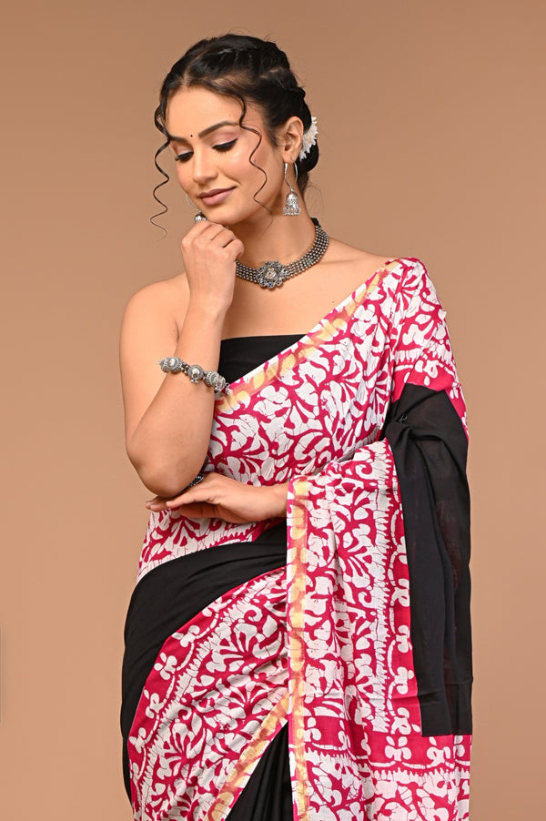 Elegant Black & White Cotton Saree with Red Floral Print