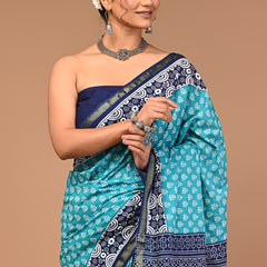 Elegant Sky Blue & Navy Blue Handblock Printed Cotton Saree with Zari Border