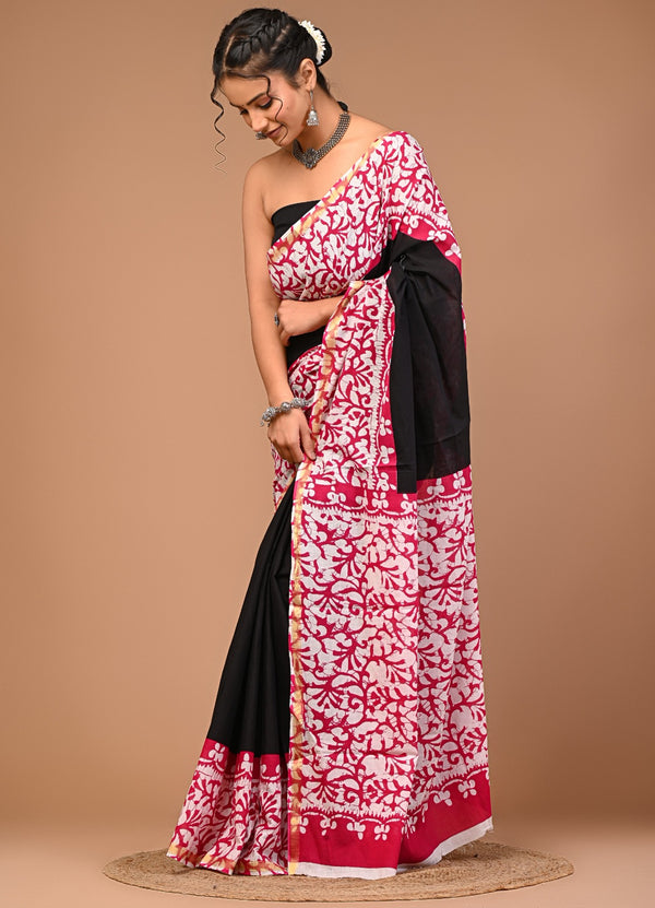 Elegant Black & White Cotton Saree with Red Floral Print