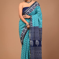 Elegant Sky Blue & Navy Blue Handblock Printed Cotton Saree with Zari Border