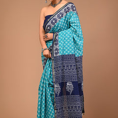 Elegant Sky Blue & Navy Blue Handblock Printed Cotton Saree with Zari Border