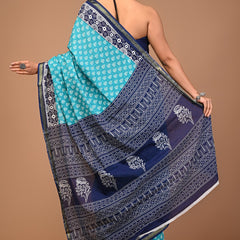 Elegant Sky Blue & Navy Blue Handblock Printed Cotton Saree with Zari Border