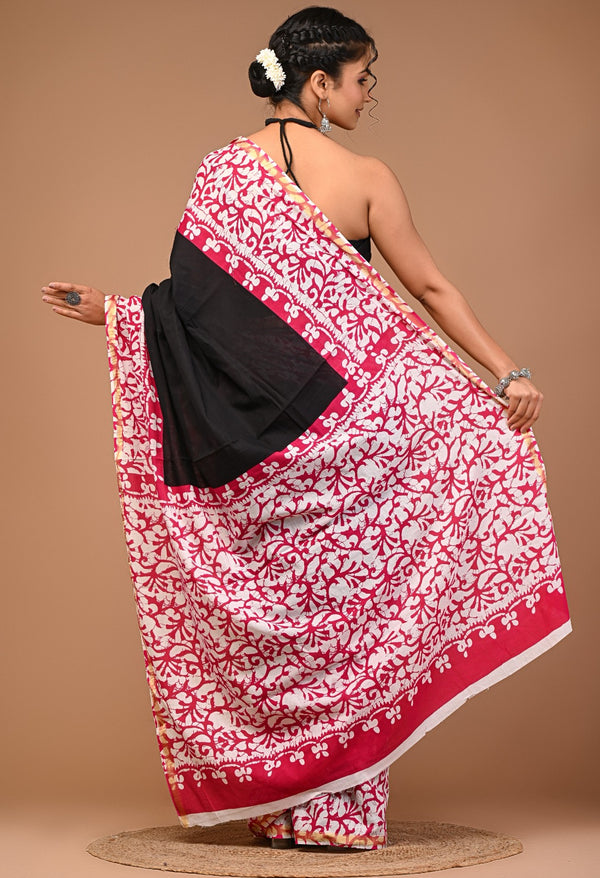 Elegant Black & White Cotton Saree with Red Floral Print