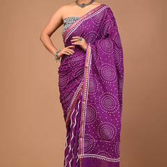 Royal Purple Bandhani Cotton Saree with White Dotted Circular Motifs & Golden Border