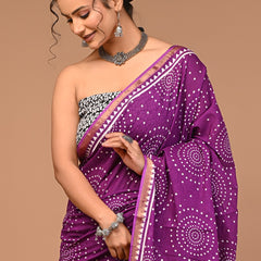 Royal Purple Bandhani Cotton Saree with White Dotted Circular Motifs & Golden Border