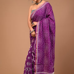 Royal Purple Bandhani Cotton Saree with White Dotted Circular Motifs & Golden Border