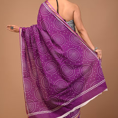 Royal Purple Bandhani Cotton Saree with White Dotted Circular Motifs & Golden Border
