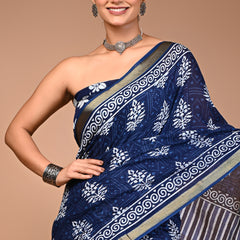 Navy Blue Pure Cotton Printed Saree with White Motifs & Striped Pallu