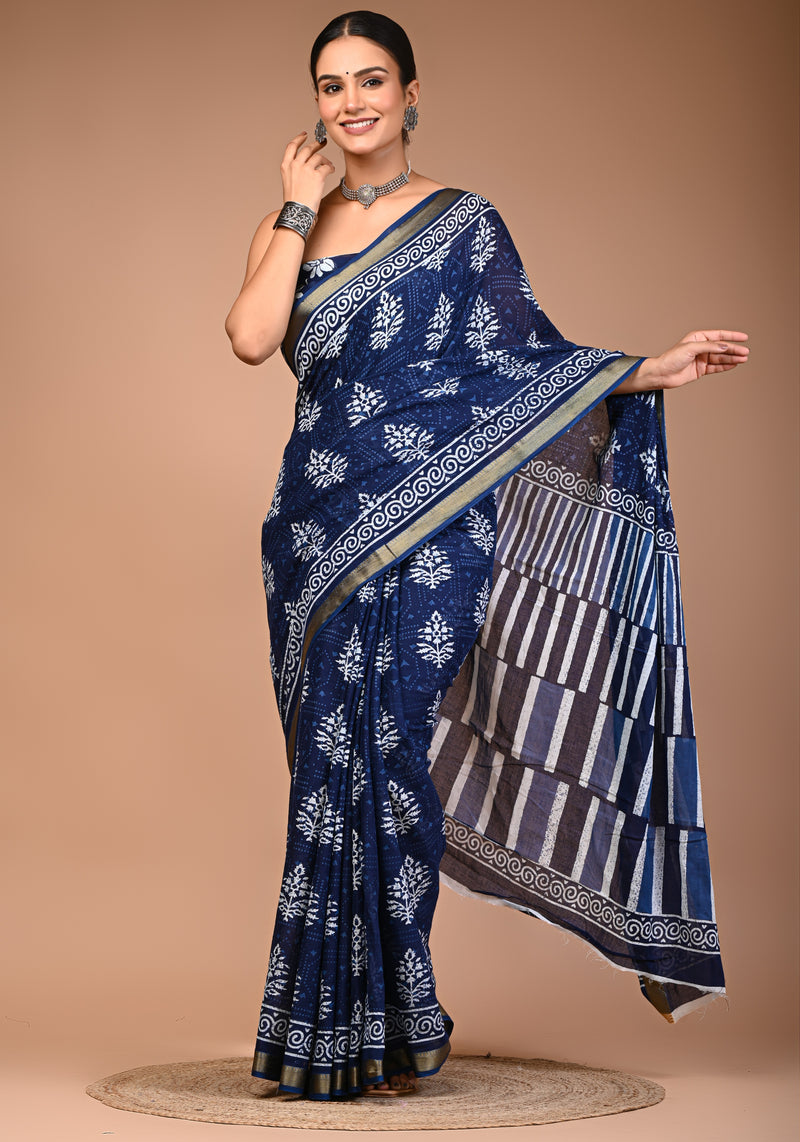 Navy Blue Pure Cotton Printed Saree with White Motifs & Striped Pallu