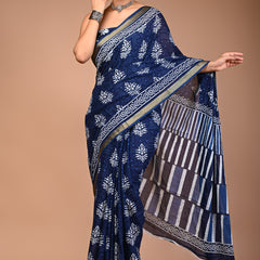 Navy Blue Pure Cotton Printed Saree with White Motifs & Striped Pallu