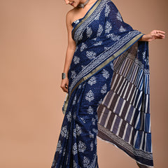 Navy Blue Pure Cotton Printed Saree with White Motifs & Striped Pallu