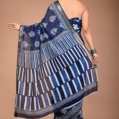Navy Blue Pure Cotton Printed Saree with White Motifs & Striped Pallu