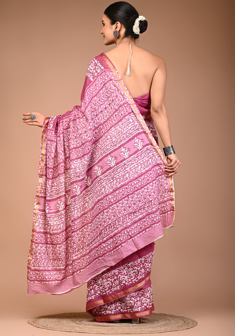 Elegant Mauve Cotton Saree with White Bandhani-Style Print & Zari Border