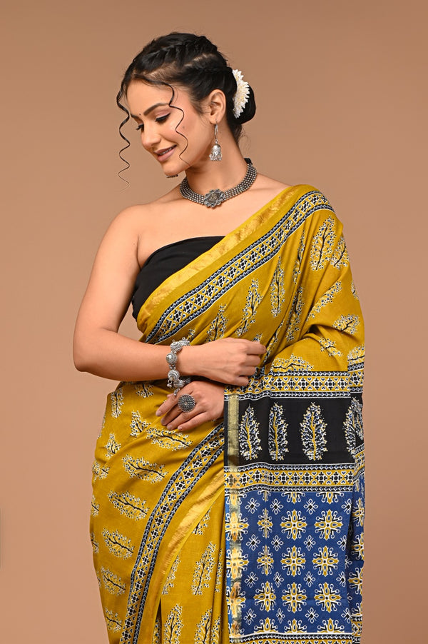 Mustard Yellow Pure Cotton Saree with Black & Blue Ethnic Printed Pallu