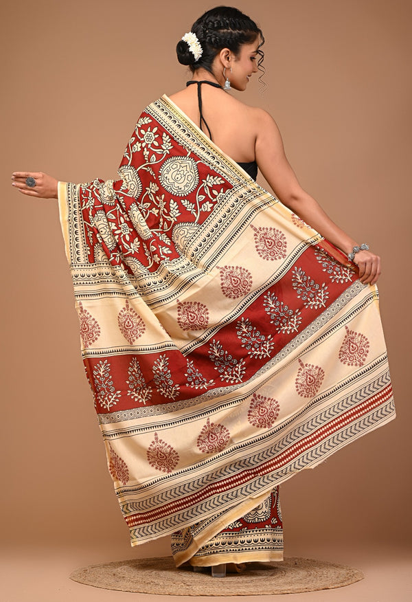 Rust Red & Cream Pure Cotton Saree with Traditional Print