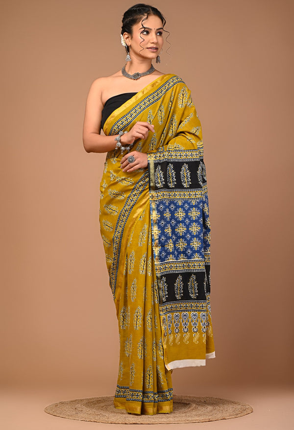 Mustard Yellow Pure Cotton Saree with Black & Blue Ethnic Printed Pallu