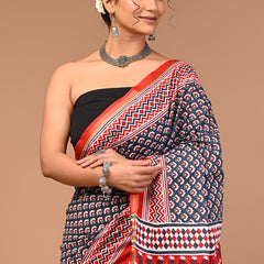 Red & Navy Blue Pure Cotton Saree with Bold Geometric and Floral Print