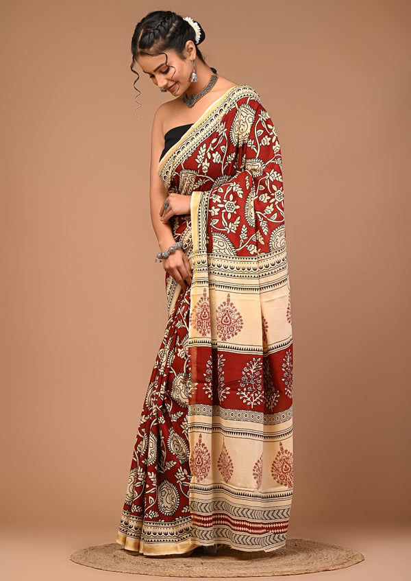 Rust Red & Cream Pure Cotton Saree with Traditional Print