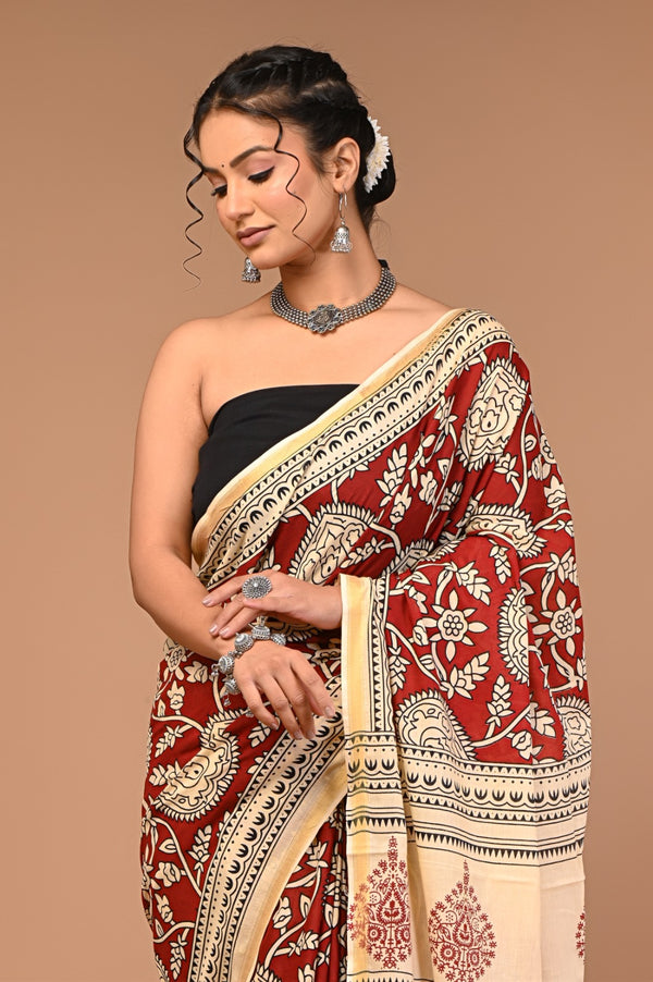 Rust Red & Cream Pure Cotton Saree with Traditional Print