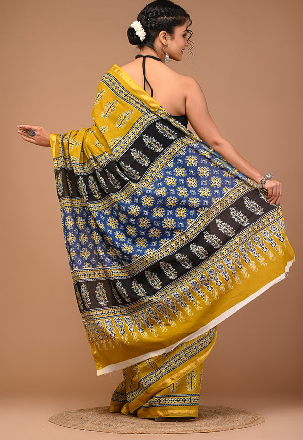 Mustard Yellow Pure Cotton Saree with Black & Blue Ethnic Printed Pallu