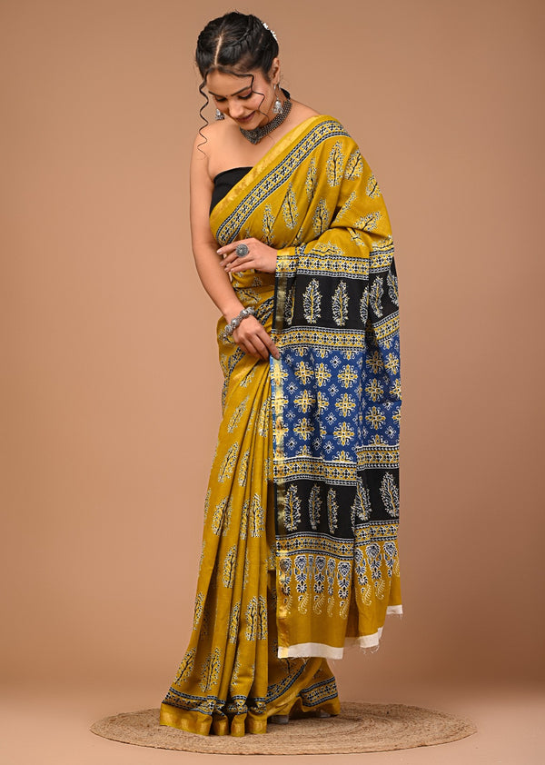 Mustard Yellow Pure Cotton Saree with Black & Blue Ethnic Printed Pallu